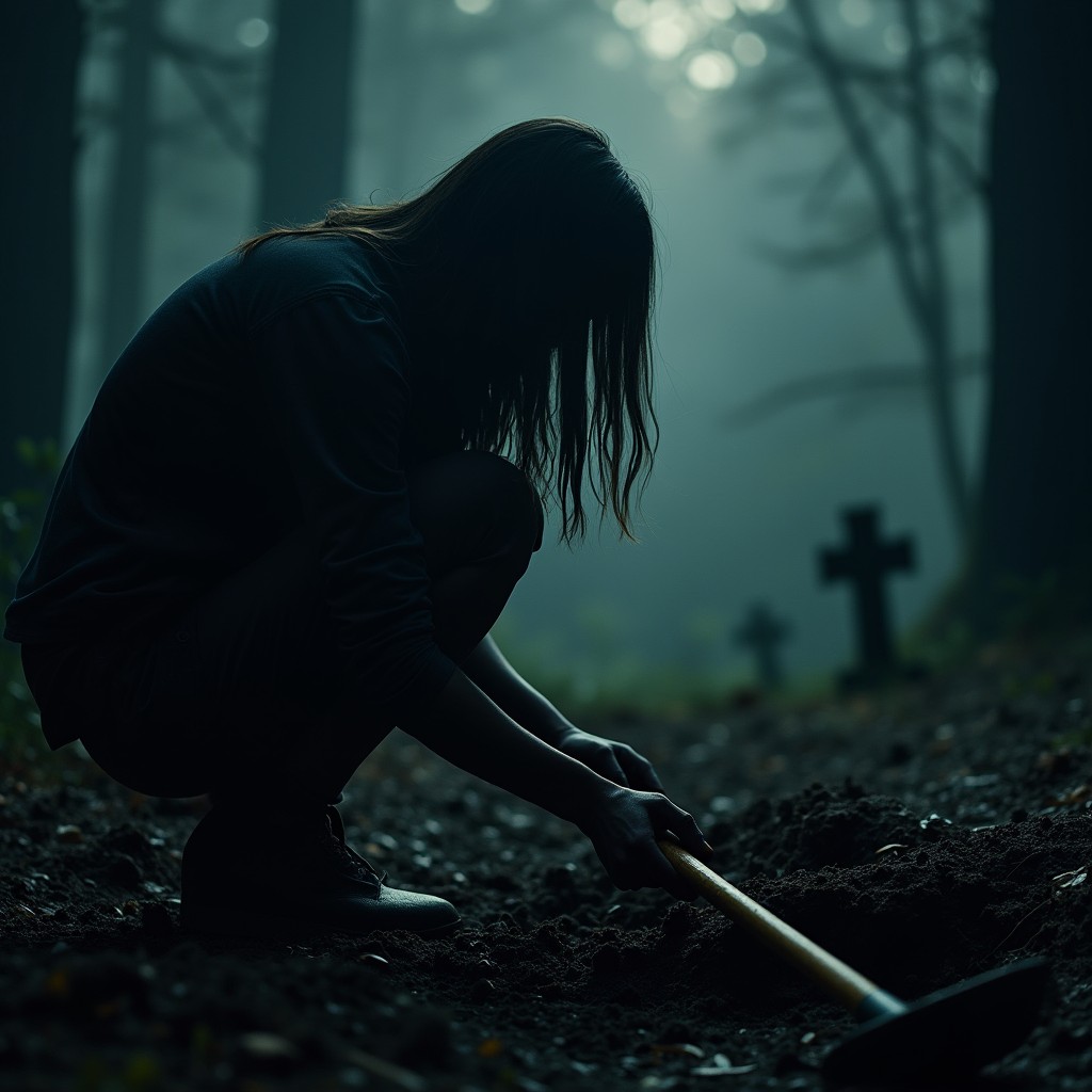 A suspense-themed image depicting a dark silhouette of a person with dirty hands, symbolizing the act of burying something
