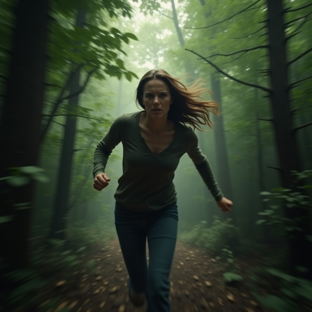A suspenseful image featuring a woman running through a dense forest, captured with a motion blur effect to convey speed and urgency