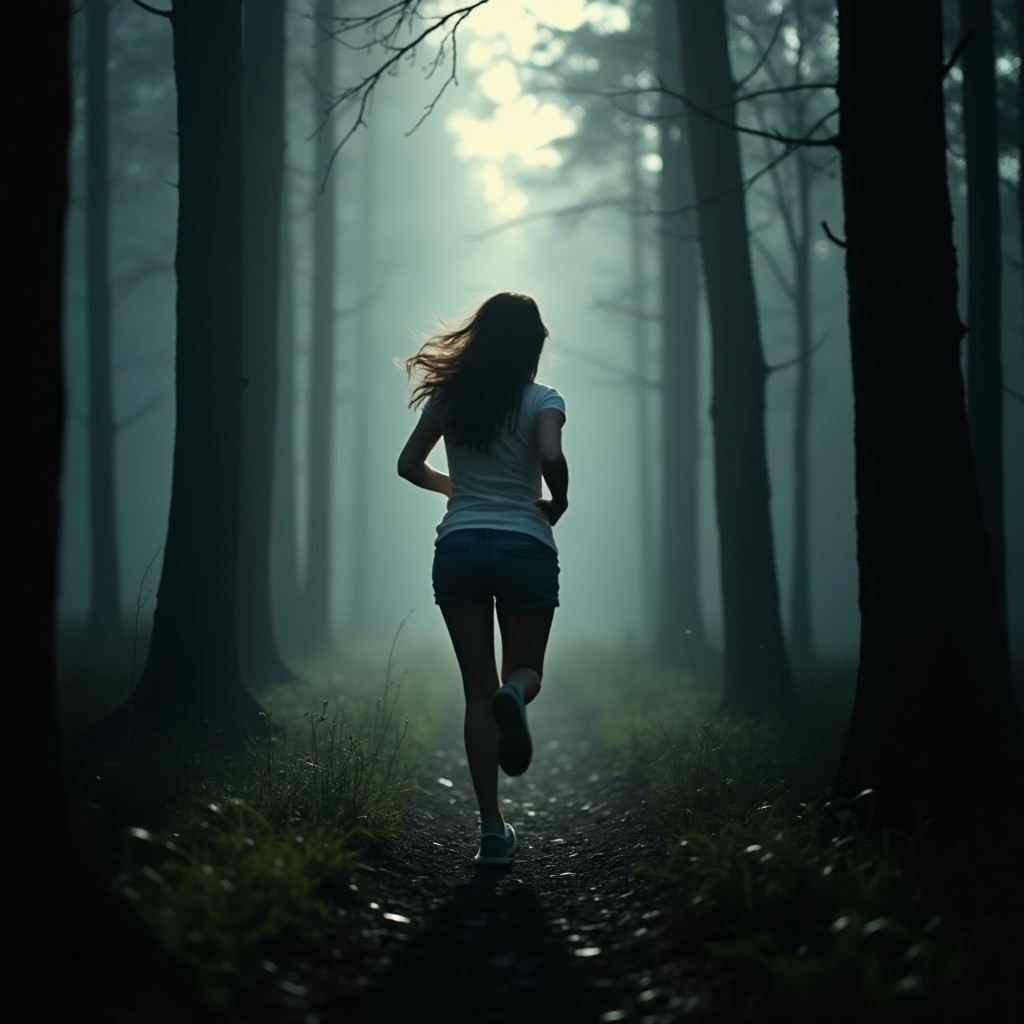 A suspenseful scene depicting a woman running through a dark, dense forest, seen from behind