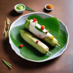 Innovative and cost-efficient arrangement of Dadar Gulung, a traditional Indonesian dessert, garnished creatively with complementary ingredients