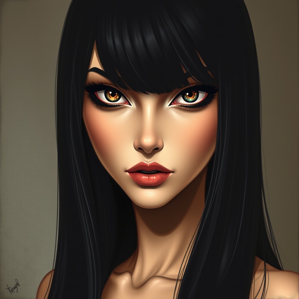 A portrait of a woman depicted from the waist up, featuring eyes of different colors that convey a sly and languorous expression