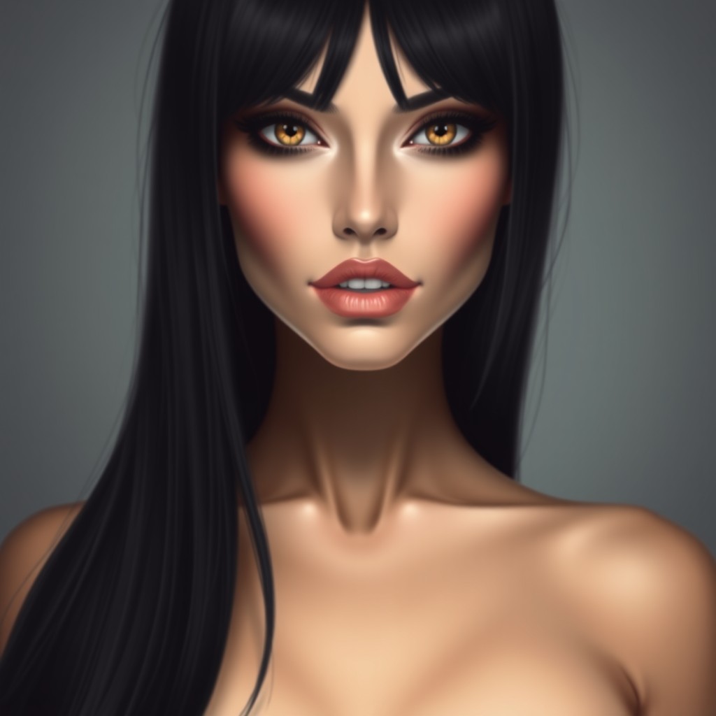 A portrait of a woman depicted from the waist up, showcasing eyes of different colors that convey a sly and languid look