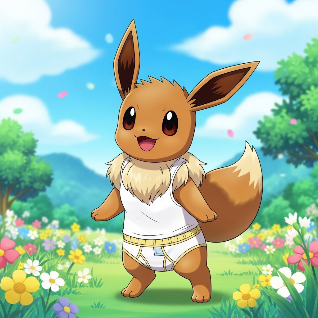 An adorable Pokémon Eevee, with its signature fluffy tail and large, expressive eyes, portrayed wearing a snug white tank top and white underwear