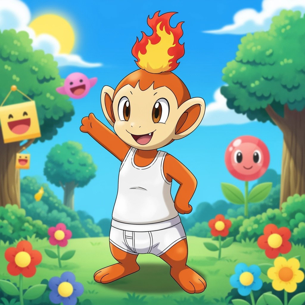 A male Chimchar, the Fire-type Pokémon from the Pokémon series, depicted in a cute and lively manner, wearing a snug white tank top and white underwear