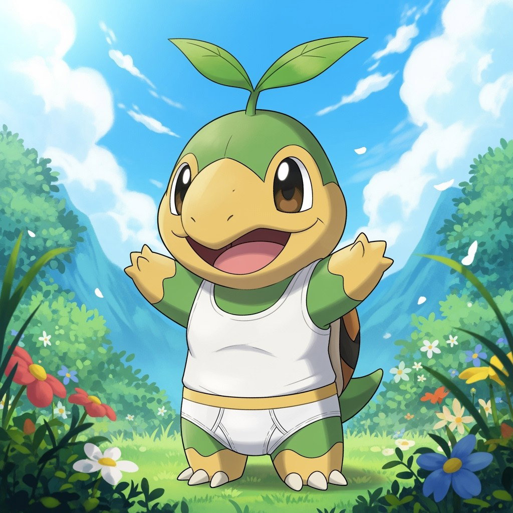 Turtwig, the adorable grass-type Pokémon, illustrated in a cute and playful style, wearing a snug white tank top and white underwear
