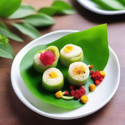 Innovative and cost-efficient arrangement of Dadar Gulung, a traditional Indonesian dessert, garnished creatively with complementary ingredients