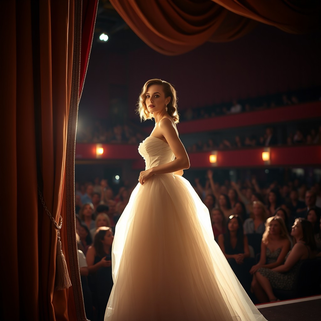 A beautiful actress stepping onto the stage as the curtains elegantly open, showcasing her stunning gown and captivating presence