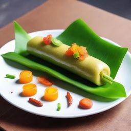 Innovative and cost-efficient arrangement of Dadar Gulung, a traditional Indonesian dessert, garnished creatively with complementary ingredients