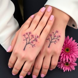 A delicate female hand with neatly painted pink nails resting on a large male hand