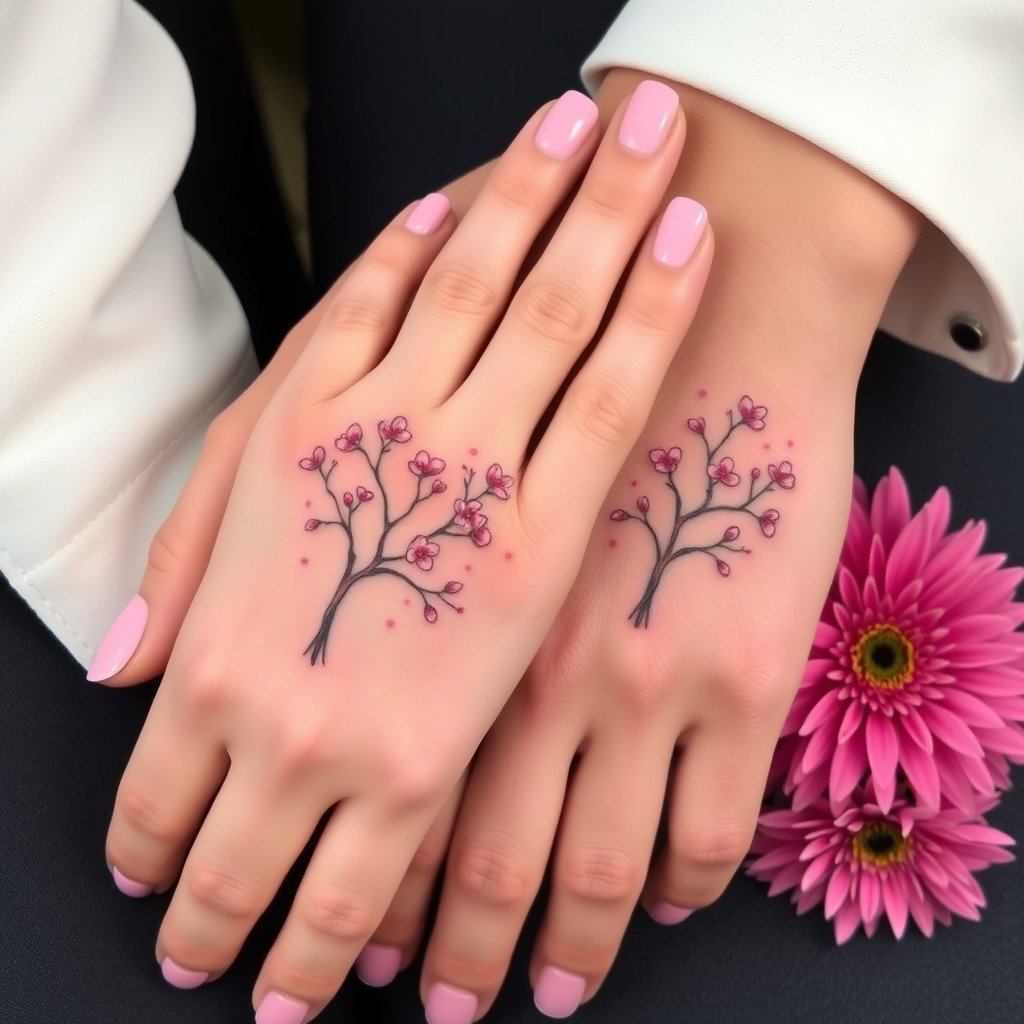 A delicate female hand with neatly painted pink nails resting on a large male hand