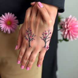 A delicate female hand with neatly painted pink nails resting on a large male hand