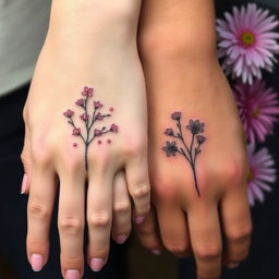 A delicate female hand with neatly painted pink nails resting on a large male hand