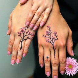 A delicate female hand with neatly painted pink nails resting on a large male hand