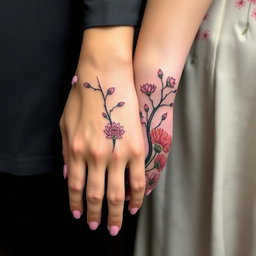 A delicate female hand with neatly painted pink nails resting on a large male hand