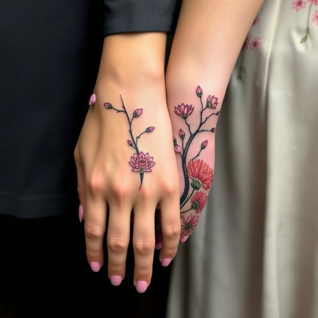 A delicate female hand with neatly painted pink nails resting on a large male hand