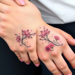 A delicate female hand with neatly painted pink nails resting on a large male hand