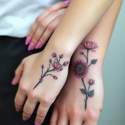 A delicate female hand with neatly painted pink nails resting on a large male hand