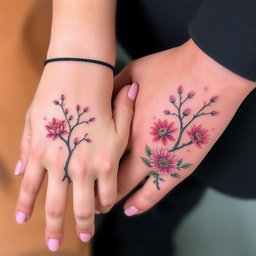 A delicate female hand with neatly painted pink nails resting on a large male hand