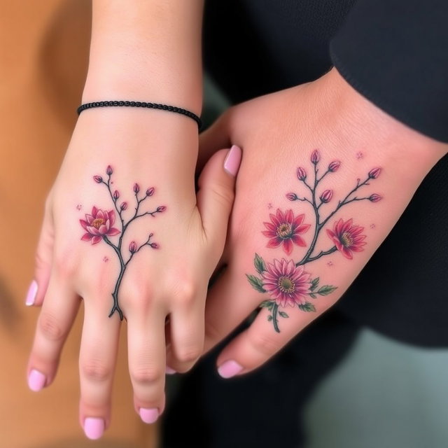 A delicate female hand with neatly painted pink nails resting on a large male hand