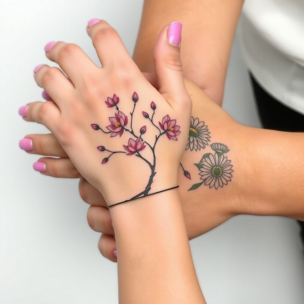 A delicate female hand with neatly manicured medium-length pink nails resting on an open, robust male hand