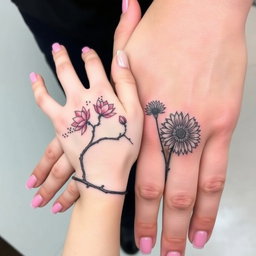 A delicate female hand with neatly manicured medium-length pink nails resting on an open, robust male hand