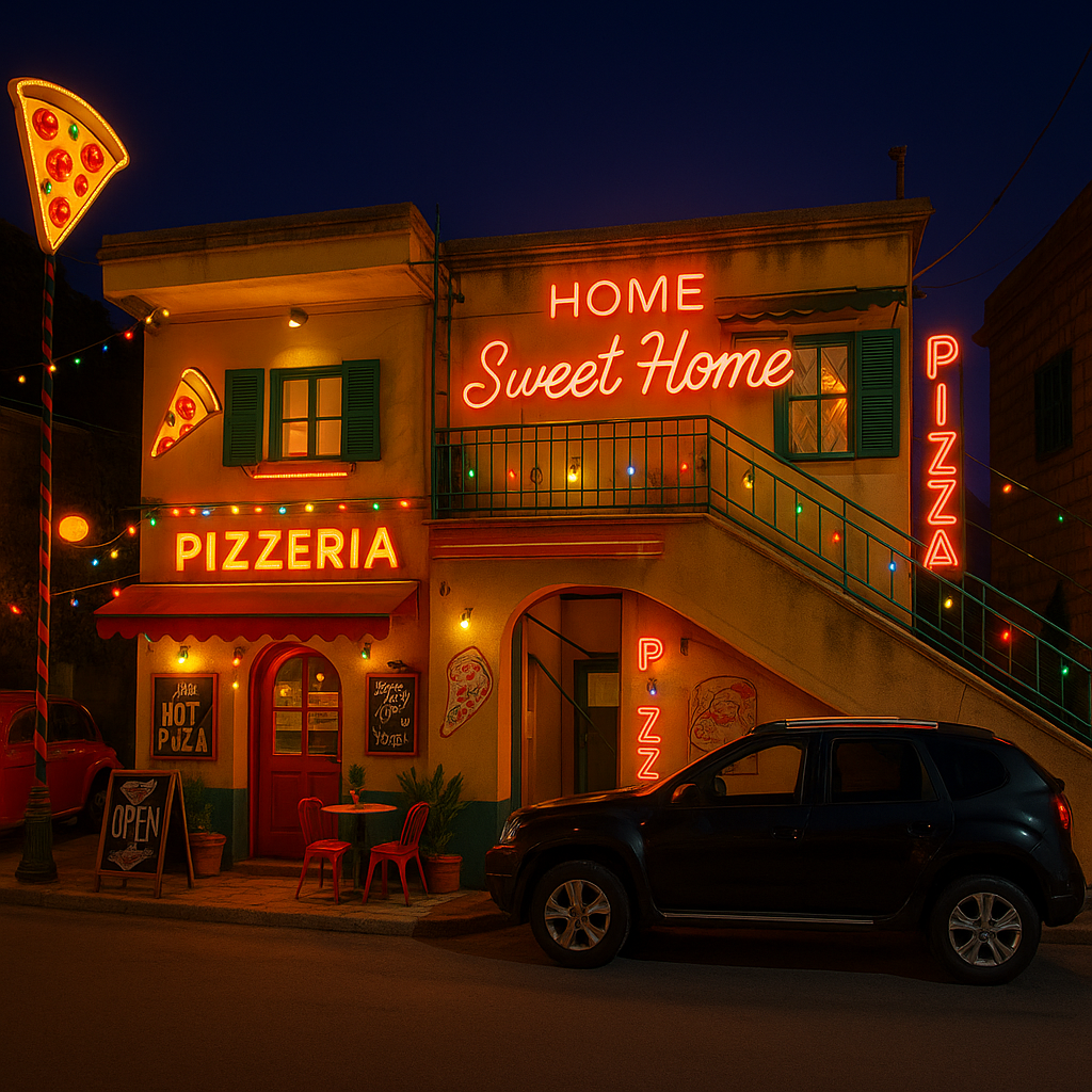 Transform this house into a cool pizzeria with a lot of fun things around - name of the pizzeria is home sweet home