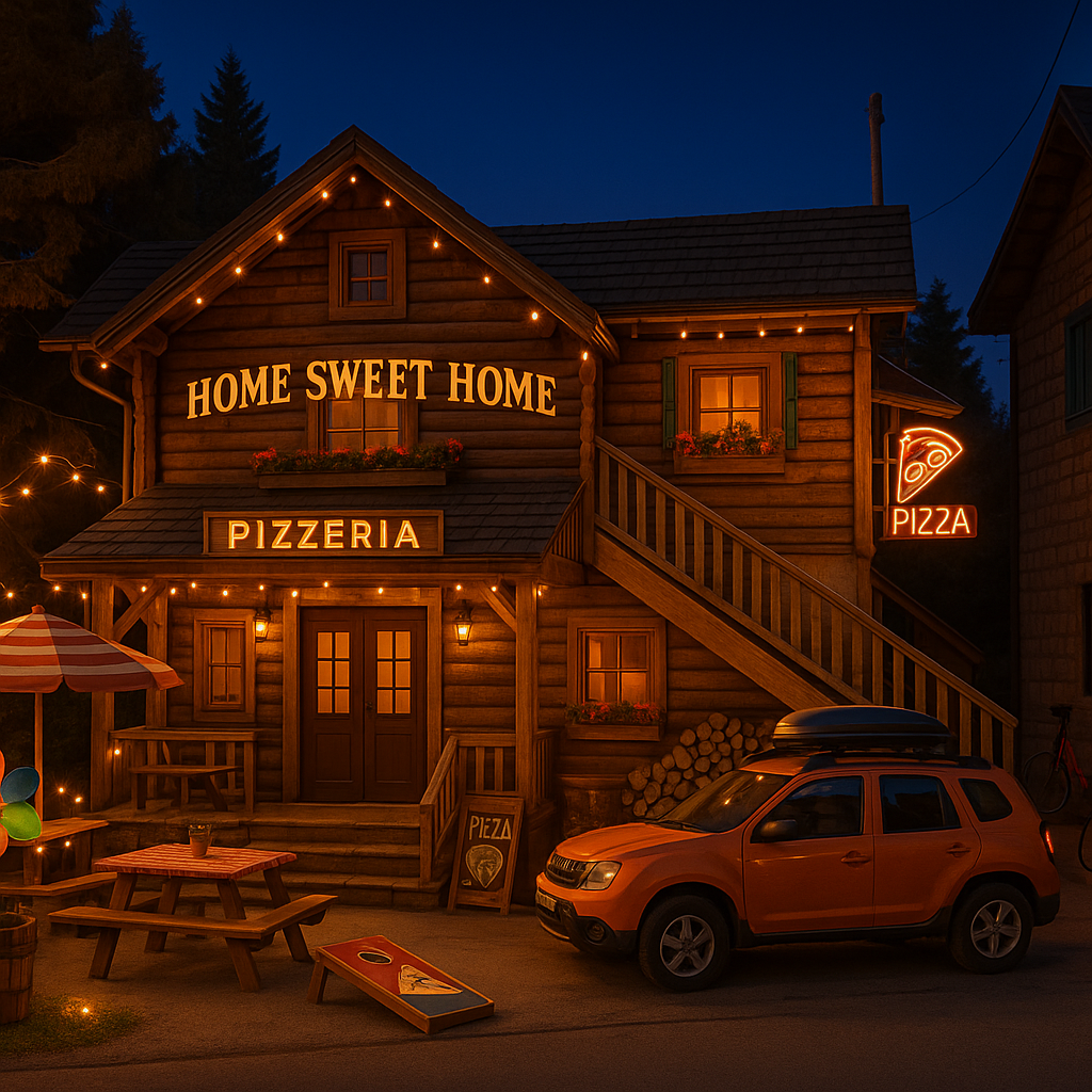 Transform this house into a mountain style rustic pizzeria with a lot of fun things around - name of the pizzeria is home sweet home