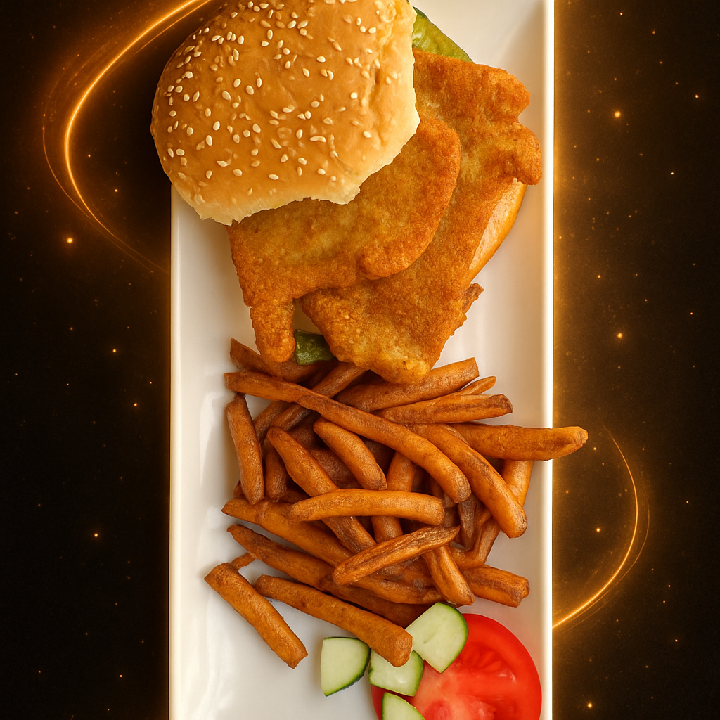 Put this plate on black background with lightning gold effects and glowing effects and lighter contrast on plate with food on black background