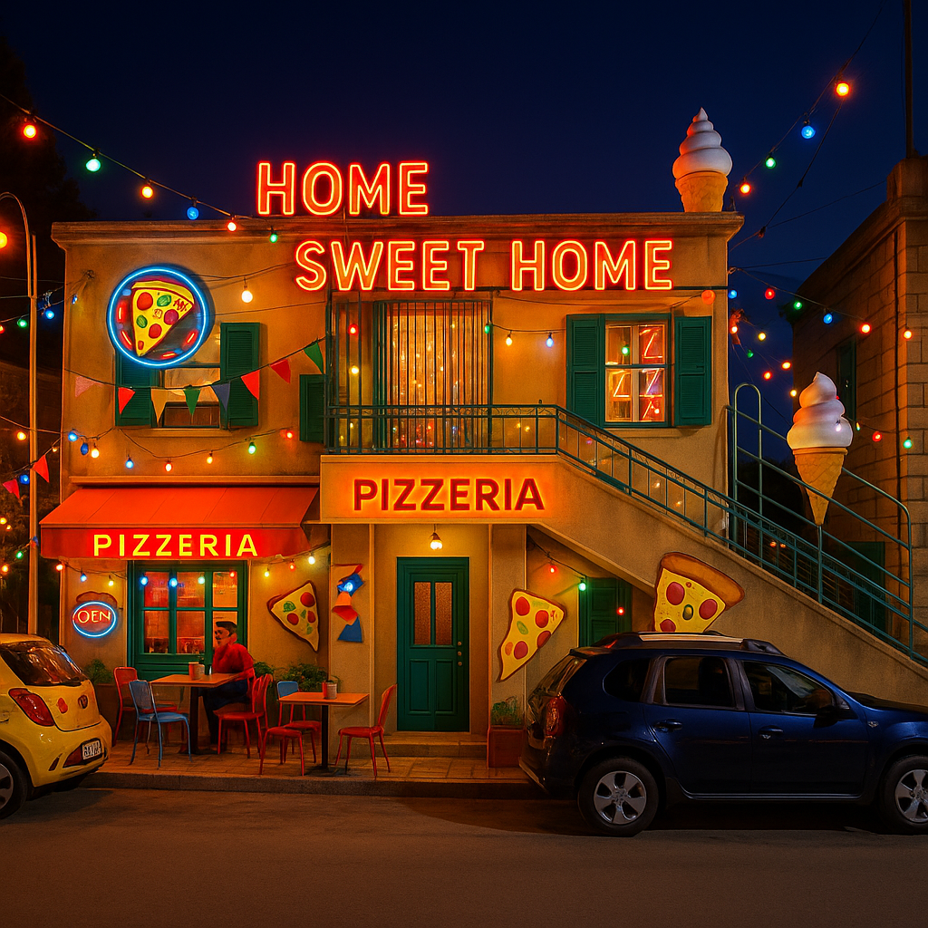 Transform this house into a cool pizzeria in lebanon with a lot of fun things around - name of the pizzeria is home sweet home