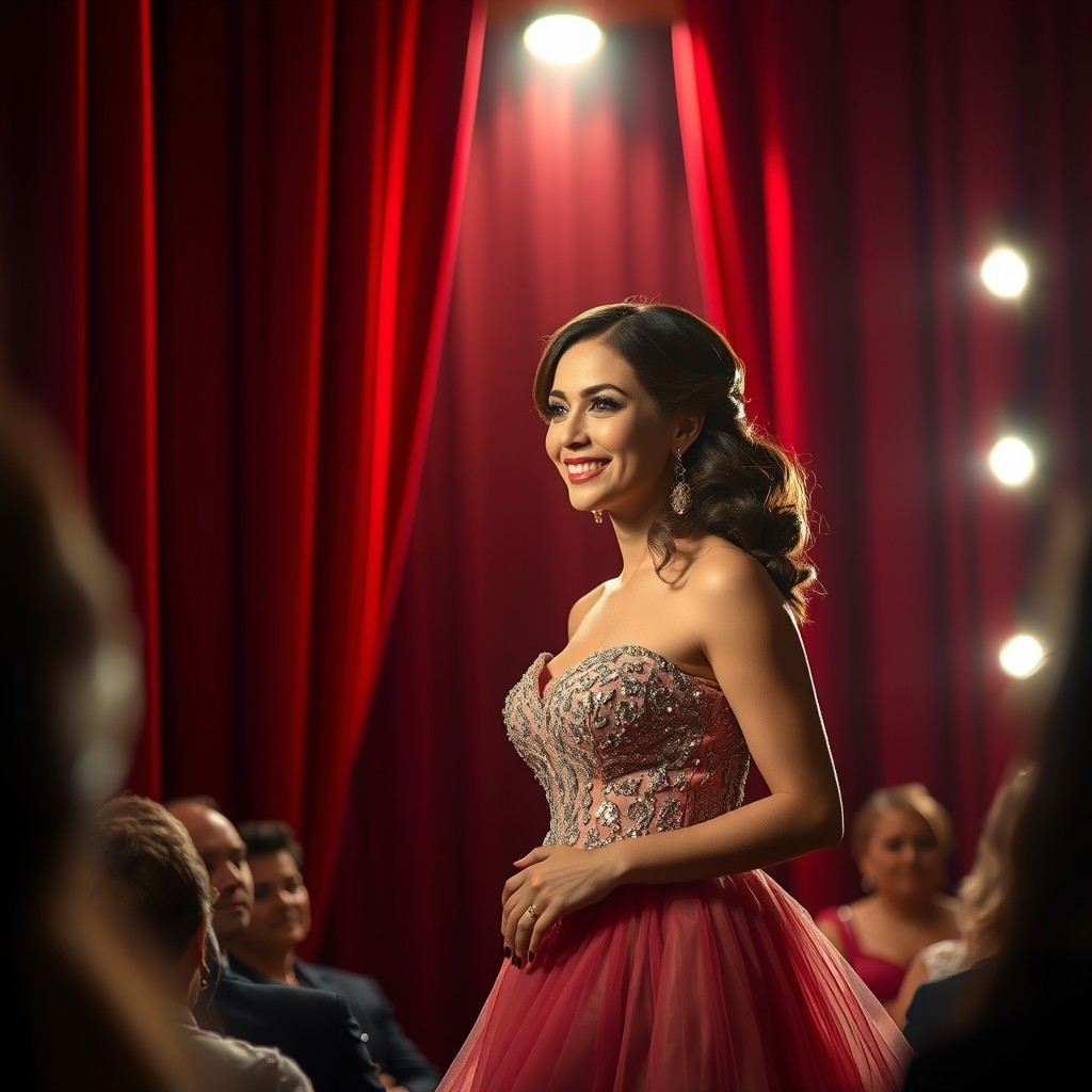 A beautiful actress stepping onto the stage with elegant grace, as the red curtains slowly draw open to reveal a spotlight shining on her