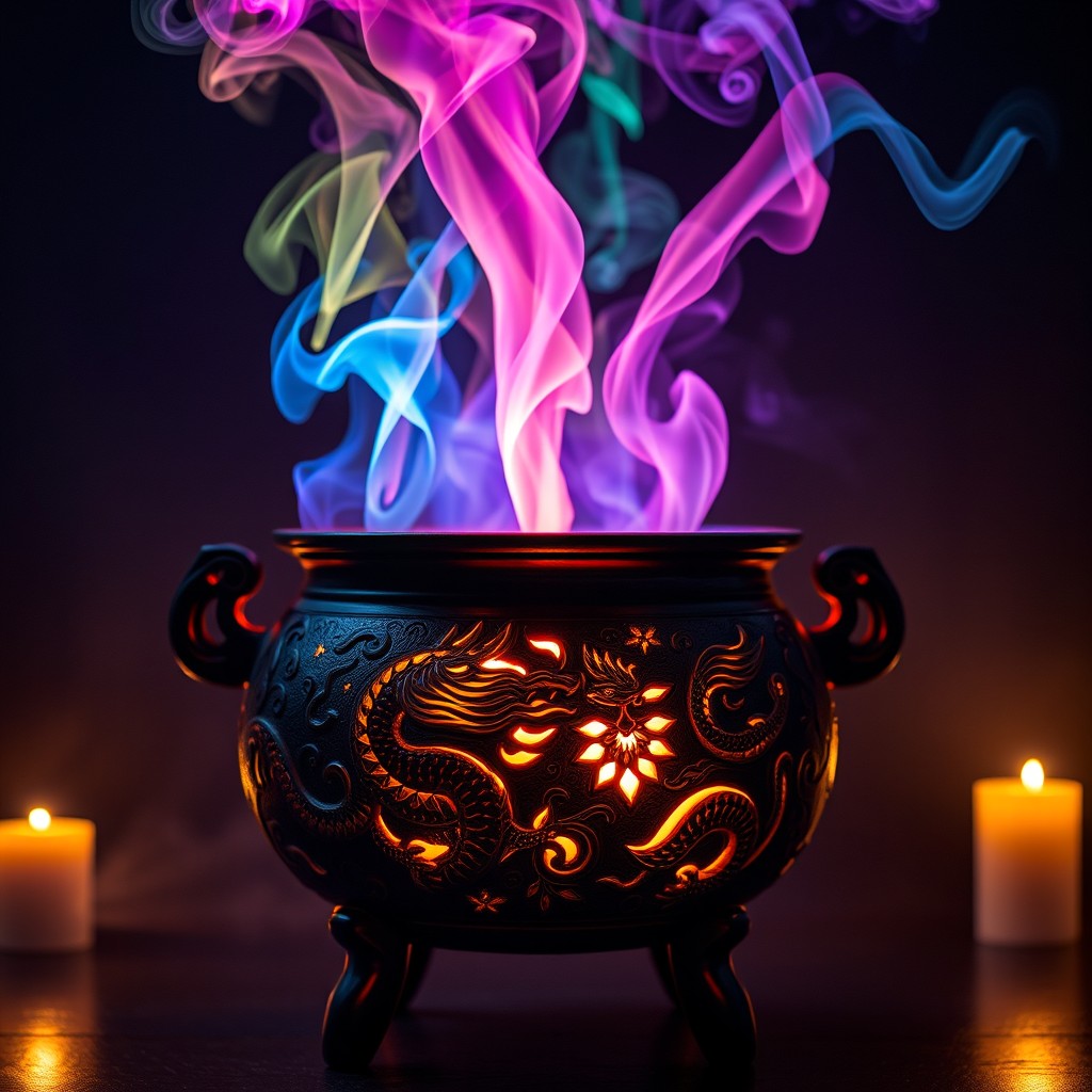 A beautifully lit Chinese Xianxia cauldron featuring intricate dragon and phoenix engravings, emitting vibrant multi-colored smoke swirling upwards