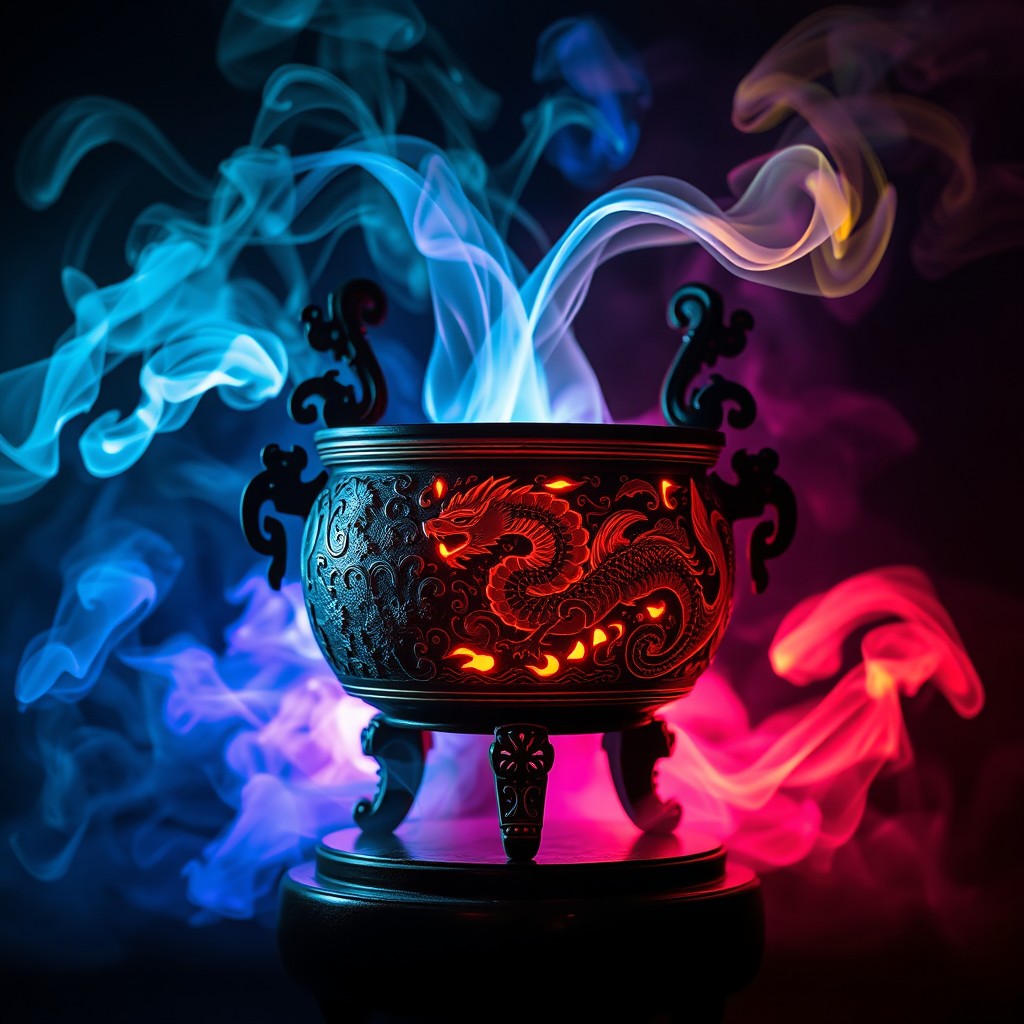 A beautifully lit Chinese Xianxia cauldron adorned with intricate dragon and phoenix engravings, releasing swirling multicolored smoke