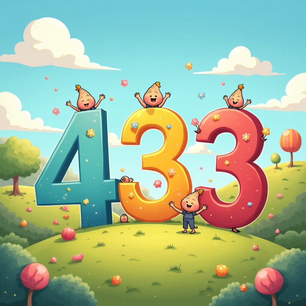 A whimsical and colorful illustration depicting a fantasy world called Numberland, where small, cartoonish fingers are playfully interacting with giant numbers