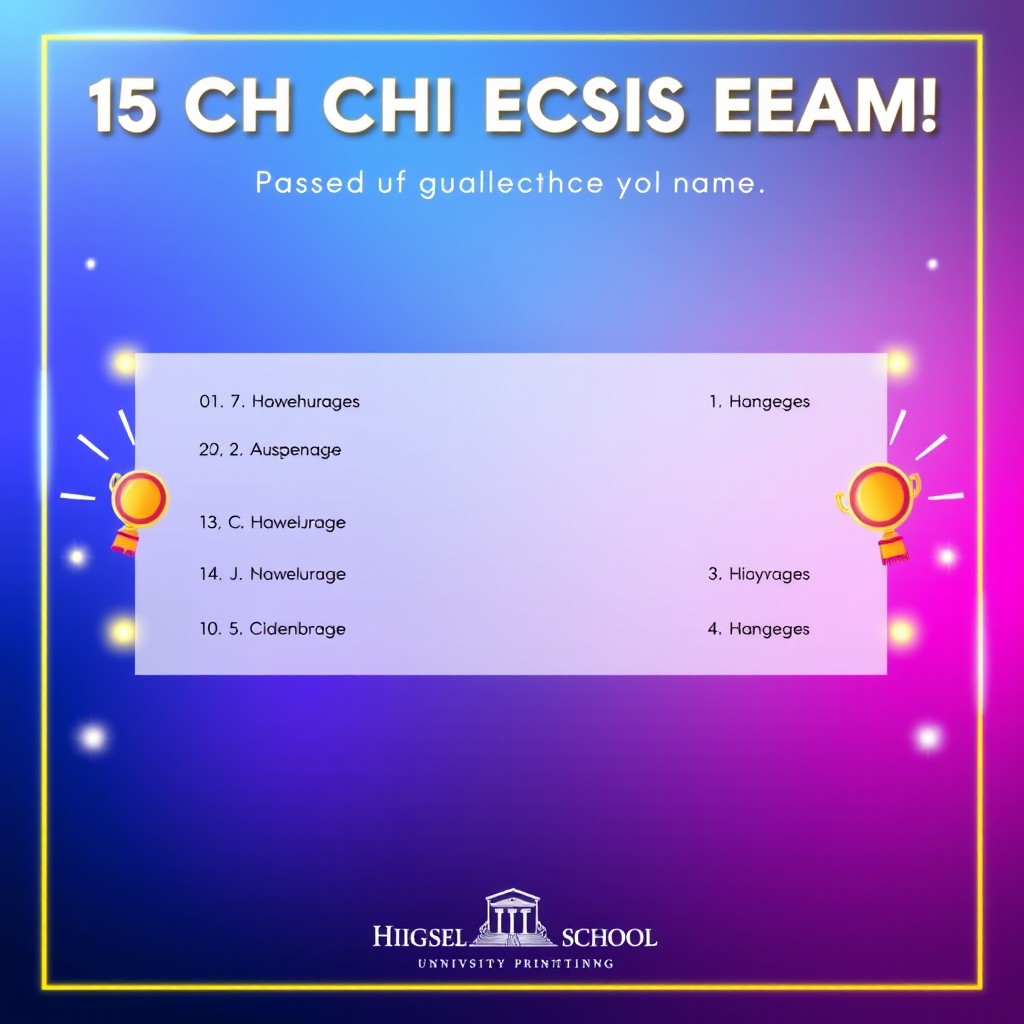 A modern, vibrant poster showcasing the names of 15 high school students who successfully passed the university entrance exam