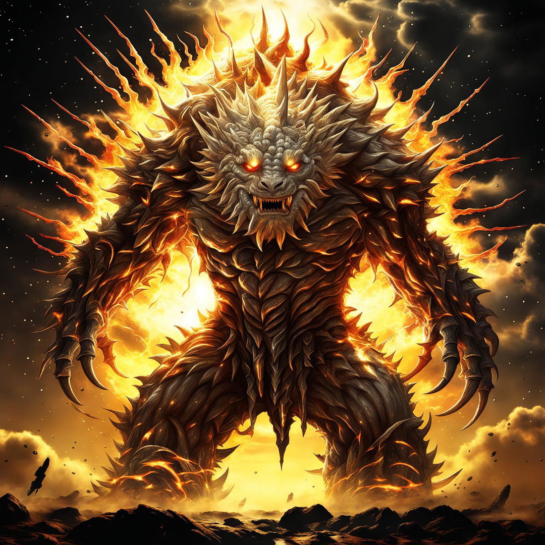 This is a digital art depiction of the sun transformed into a Kaiju, a gigantic creature from Japanese folklore