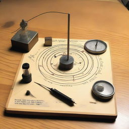 An experimental setup demonstrating the direction of a magnetic field with compasses, magnets, and iron filings