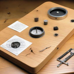 An experimental setup demonstrating the direction of a magnetic field with compasses, magnets, and iron filings