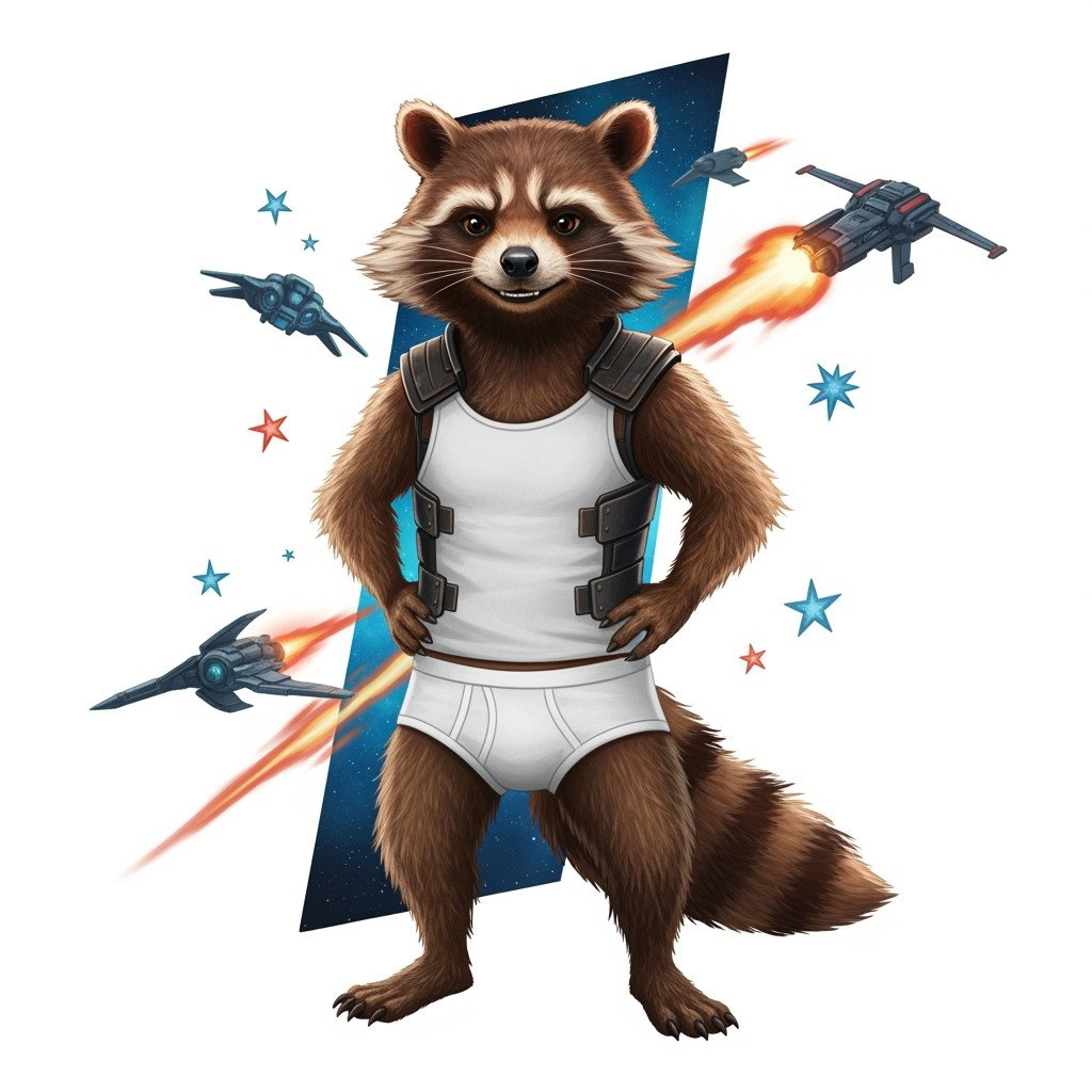 Rocket Raccoon, the witty and adventurous character from Guardians of the Galaxy, portrayed in a playful and humorous style, wearing a snug white tank top and white underwear
