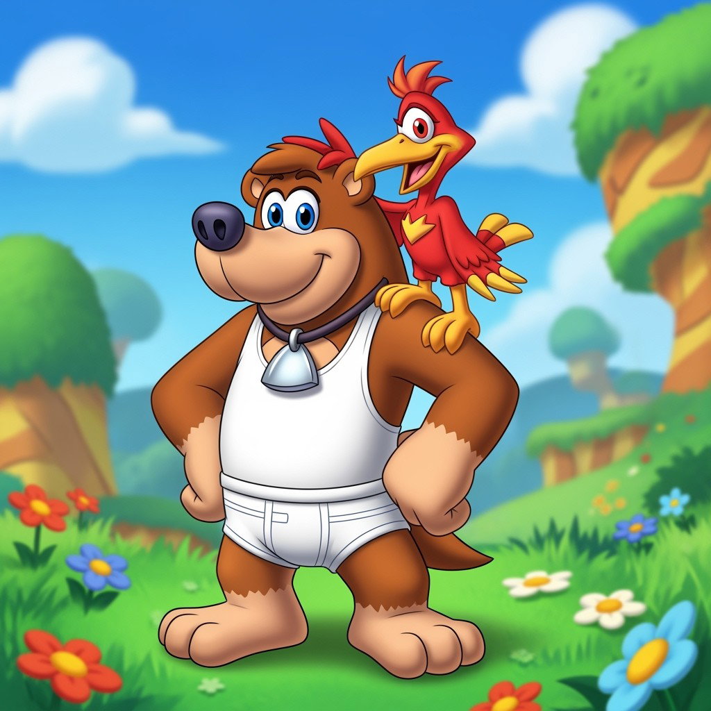 Banjo and Kazooie, the iconic duo from the video game series, are illustrated in a fun and vibrant style
