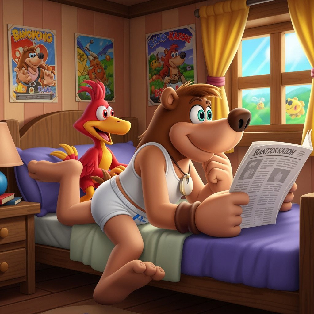 Banjo and Kazooie, the beloved gaming duo, relaxing in a cozy bedroom setting