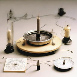 An experimental setup demonstrating the direction of a magnetic field with compasses, magnets, and iron filings