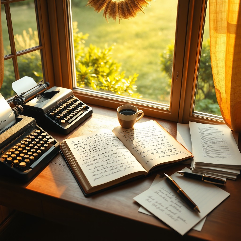 A beautiful and serene writing scene, showcasing a cozy wooden desk situated by a large window, through which soft golden sunlight streams in
