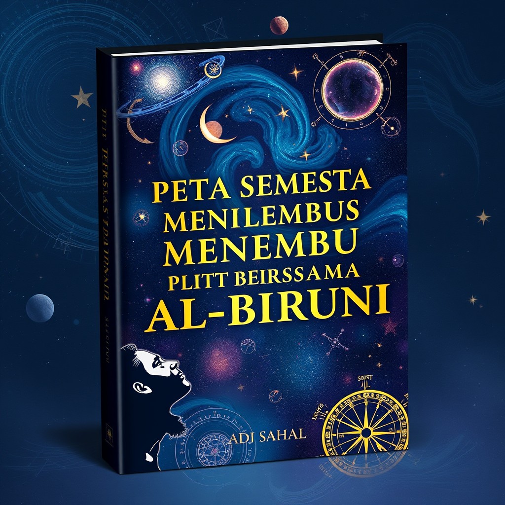 A captivating book cover design for the title 'PETA SEMESTA MENEMBUS PINTU LANGIT BERSAMA AL-BIRUNI' by Adi Sahal