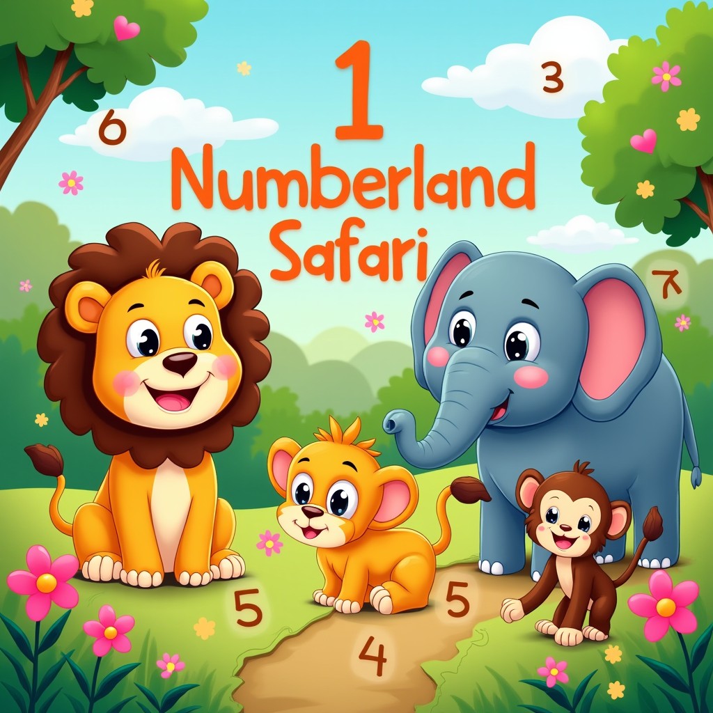 A vibrant and playful illustration for toddlers titled 'Numberland Safari'