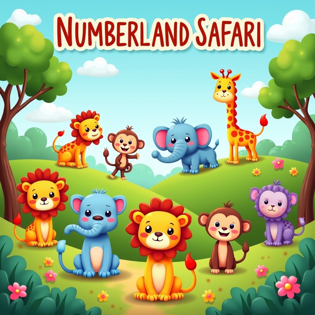 A vibrant and playful illustration for toddlers titled 'Numberland Safari'