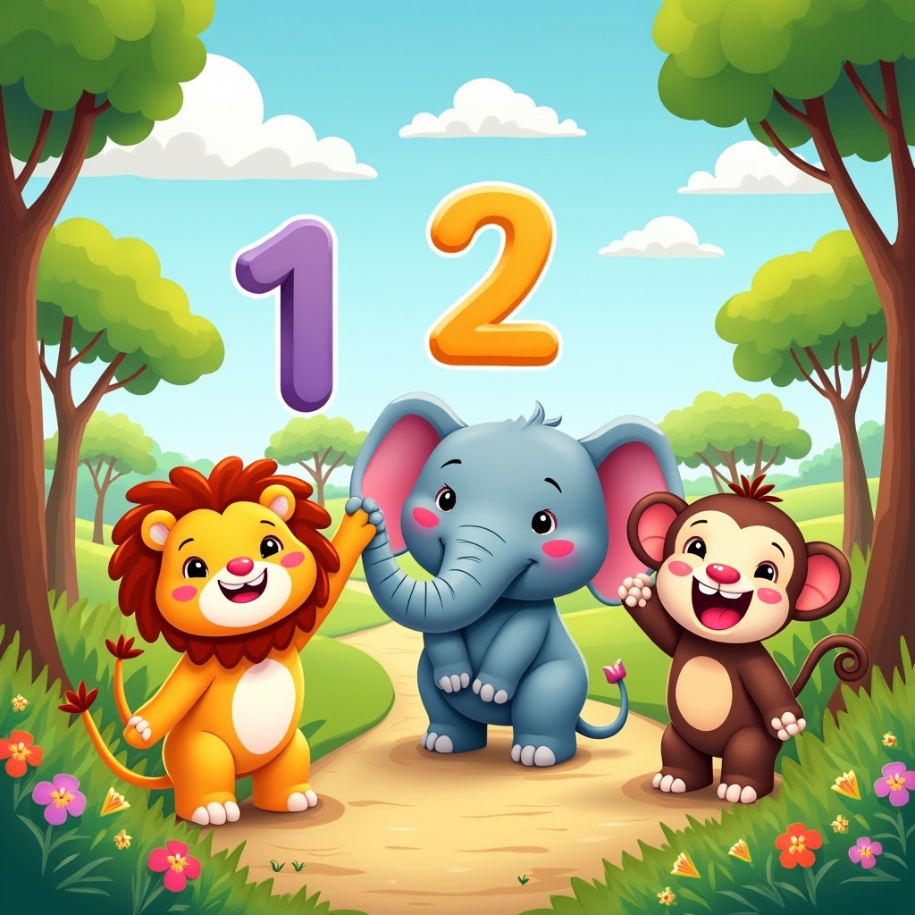 A vibrant and playful illustration for toddlers titled 'Numberland Safari'