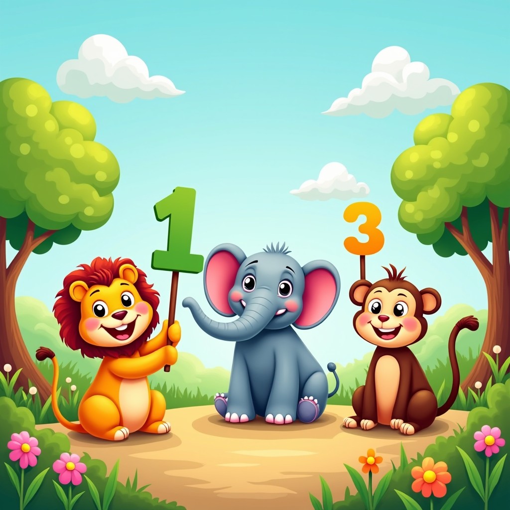 A vibrant and playful illustration for toddlers titled 'Numberland Adventure Safari'