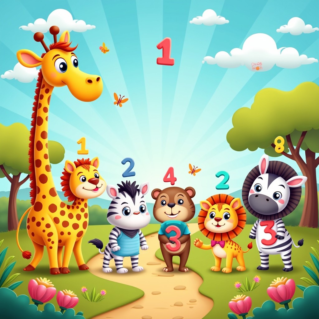 A lively and enchanting illustration for toddlers titled 'Numberland Adventure Safari'