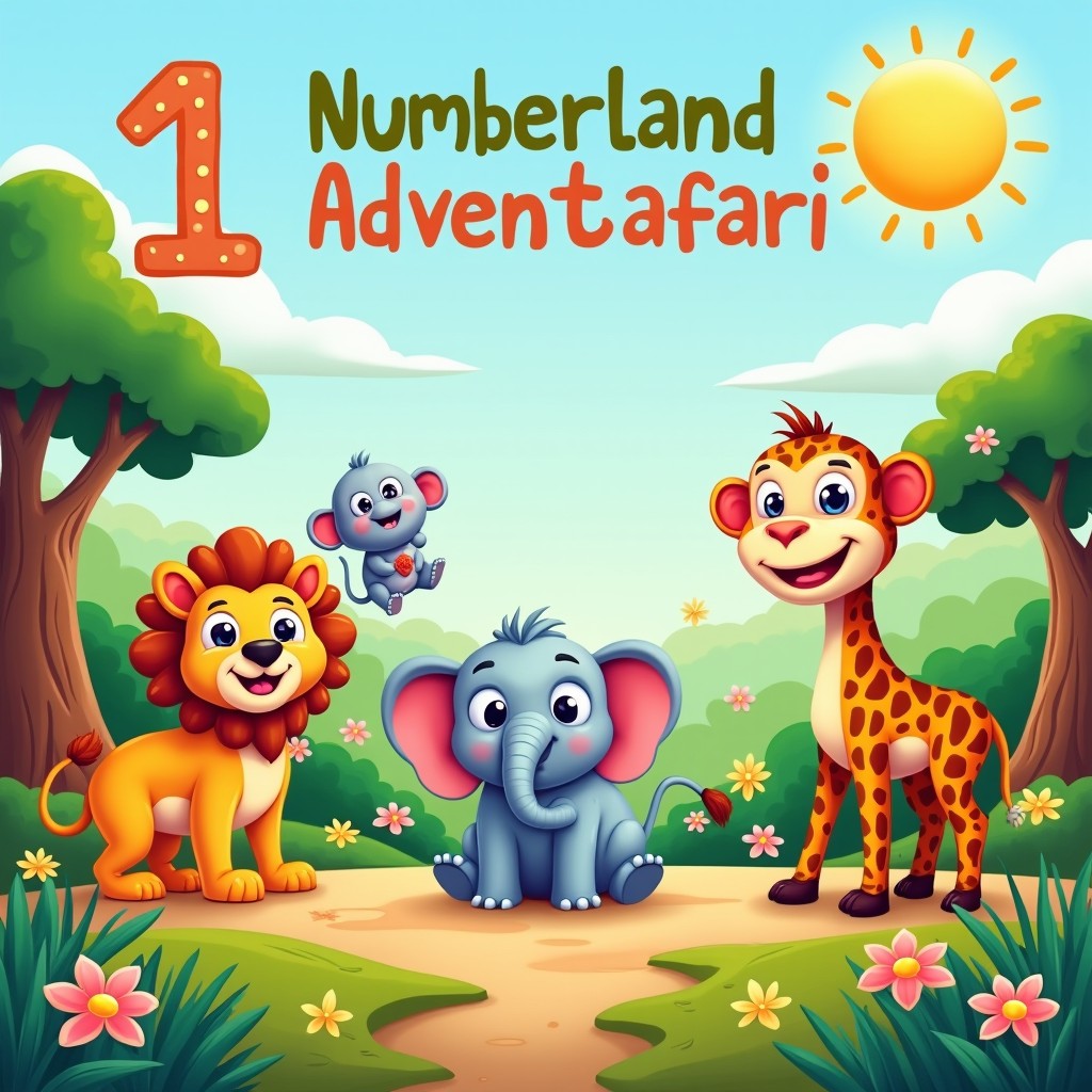A vibrant and playful illustration for toddlers titled 'Numberland Adventure Safari'