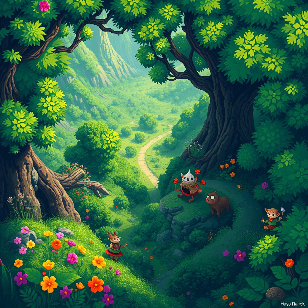 Bright pixel art wallpaper for computer featuring a top-down view of an expansive whimsical forest environment inspired by Hayao Miyazaki
